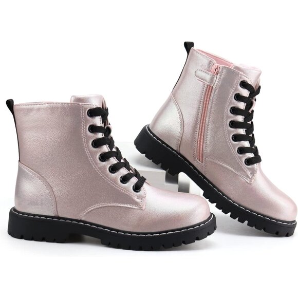 Kids Pink Ankle Boots Boys Girls Side Zipper Lace Up Work Boots Combat Boots - Picture 5 of 7